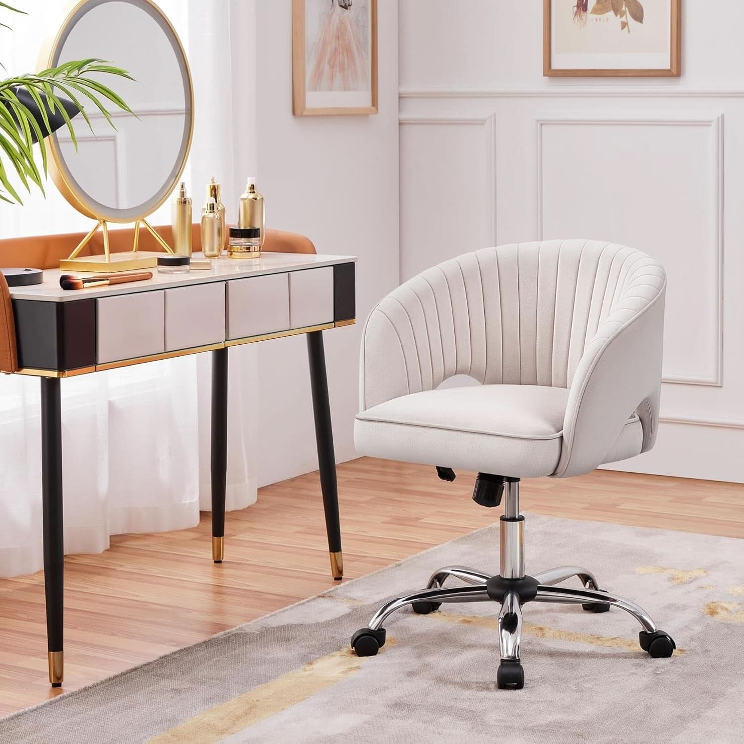 Cream Velvet Swivel Desk Chair With Wheels Tufted Back