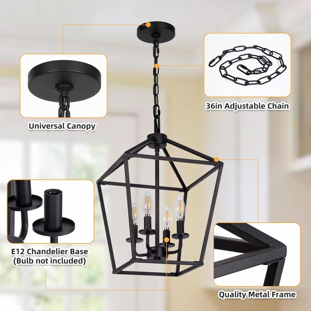 4 Light Black Lantern Chandelier With Adjustable Height
