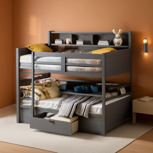 Grey Wood Twin Over Twin Bunk Bed With Storage Shelves And Drawer