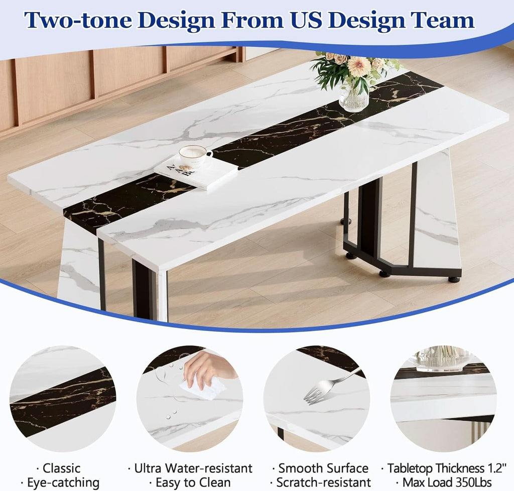 Dining Table Set For Six Seventy One Inch White Marble Top Leather Chairs