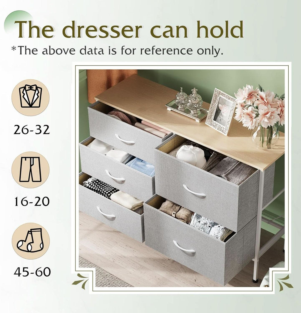 Light Grey Fabric Dresser With 5 Drawers And Drawer Organizers