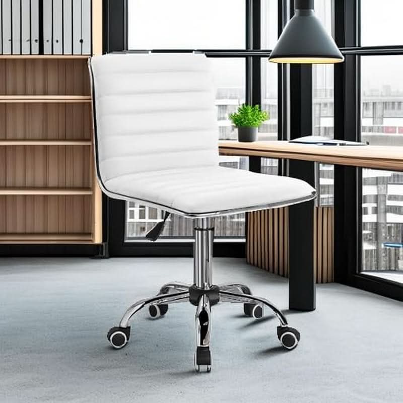 Mid Back Vanity Chair White PU Leather Swivel Office Chair