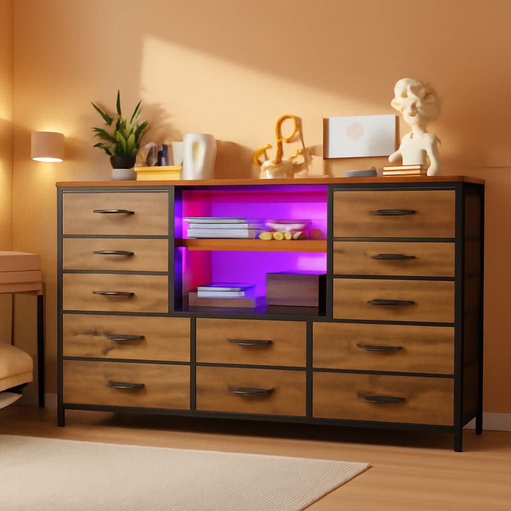 Dresser With LED Lights And Power Outlets 12 Fabric Drawers