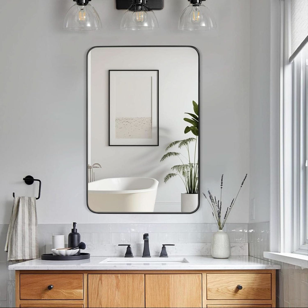 24x36 Inch Black Rounded Rectangle Bathroom Mirror With Anti Rust Stainless Steel Frame