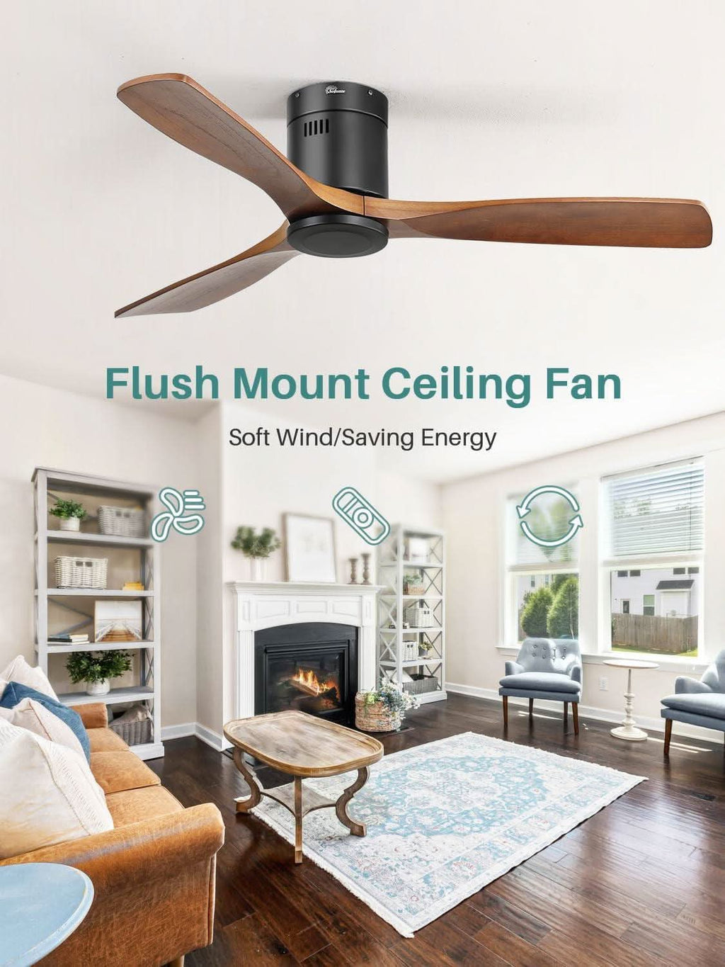 52 Inch Solid Wood Flush Mount Ceiling Fan With Remote