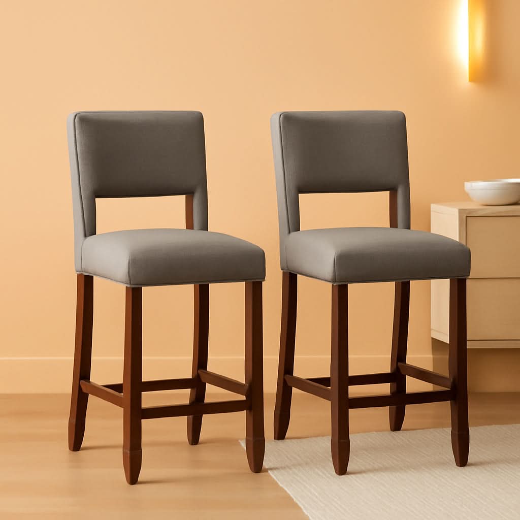 24.5 Inch Counter Height Bar Stools Set Of 2 Grey Upholstered Backrest With Rubber Wood Legs