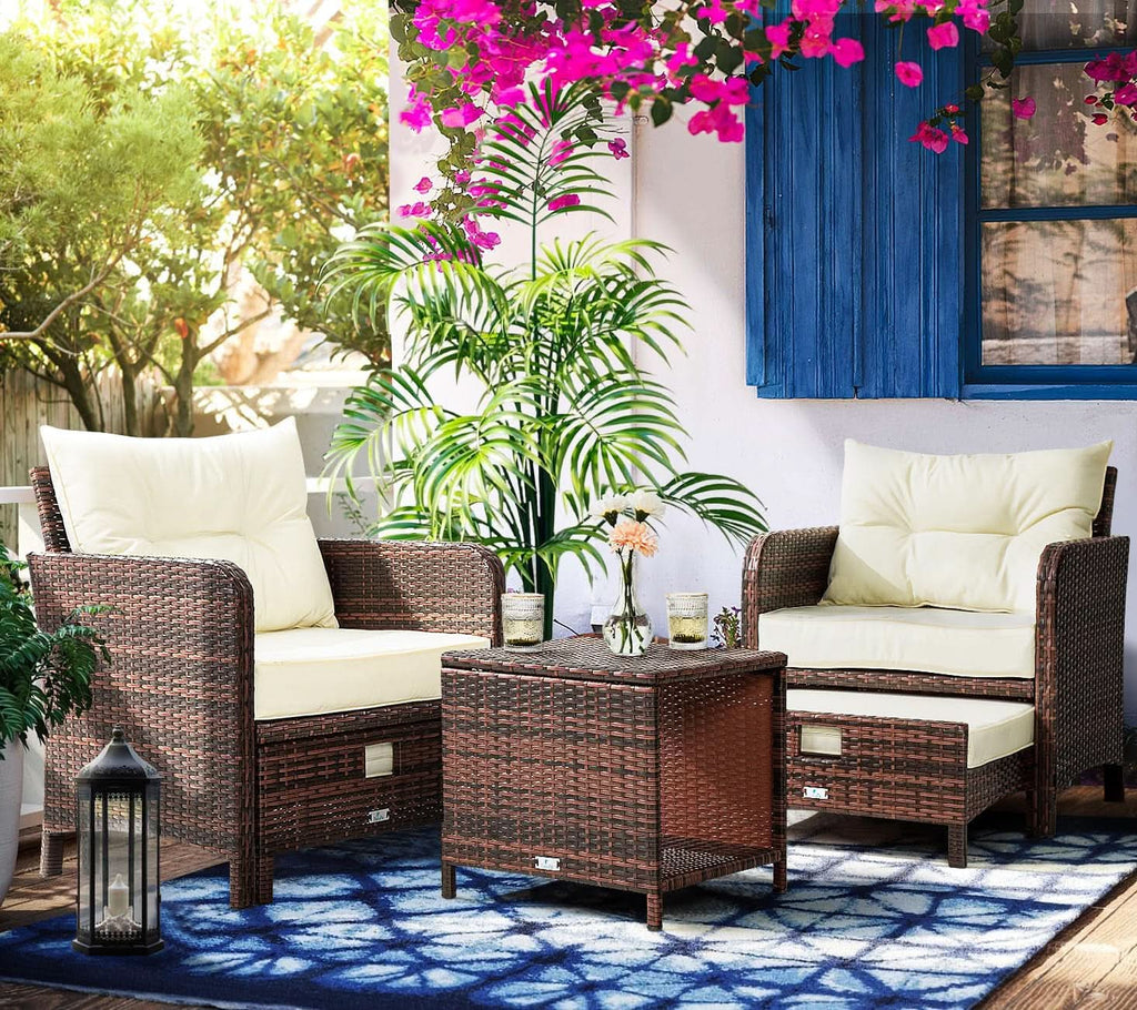 5 Piece Beige Rattan Patio Furniture Set With Ottomans And Coffee Table