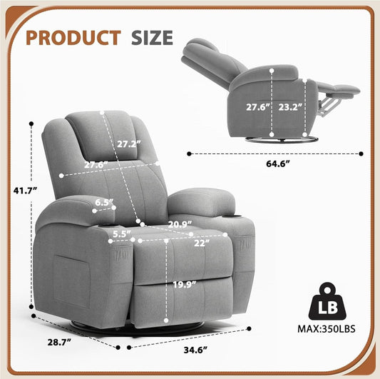Gray Fabric Swivel Rocker Recliner With Vibration Massage