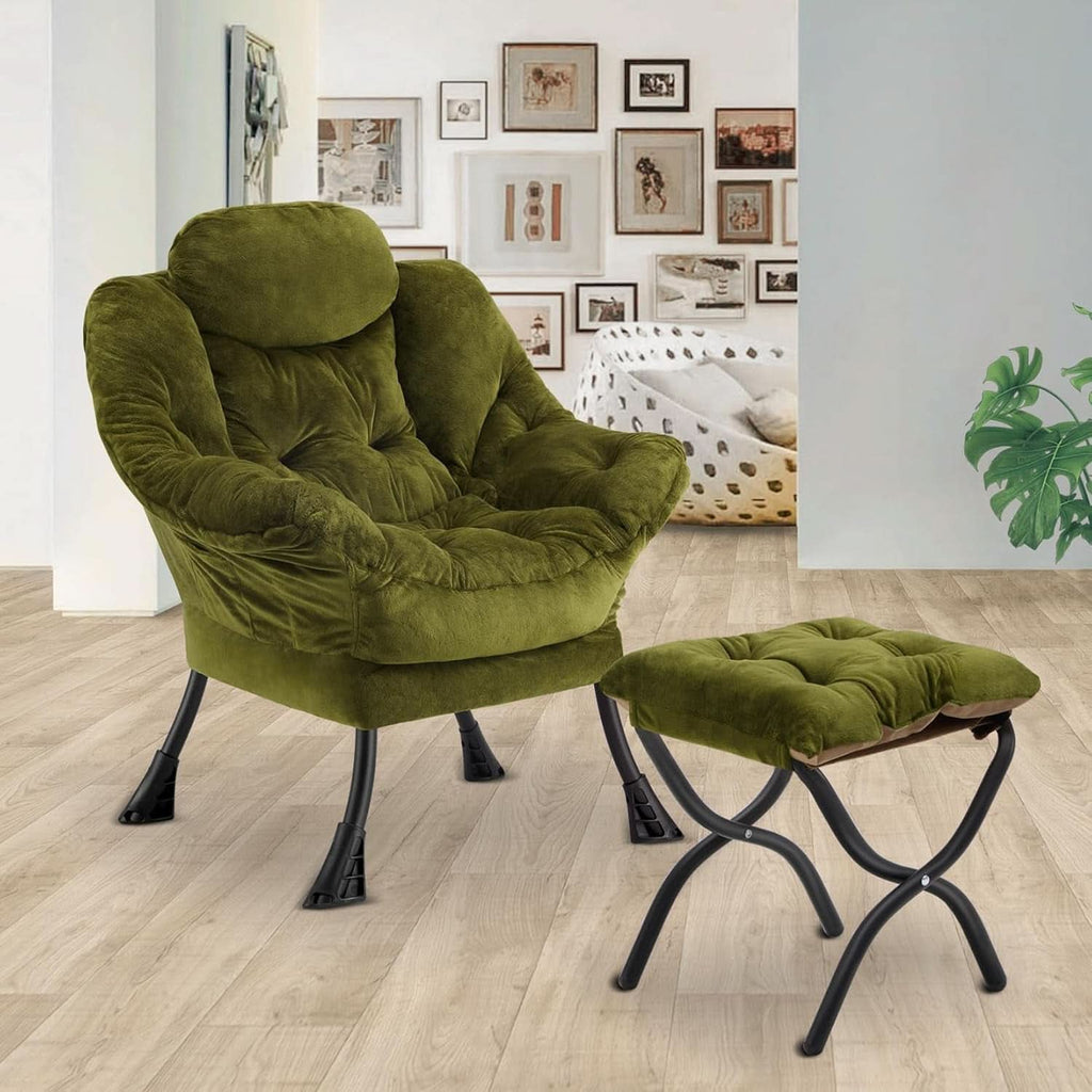 Plush Green Folding Ottoman Lounge Chair With Footrest