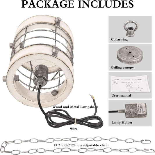 Retro Industrial Wood And Metal Round Cage Pendant Light 1 Light White