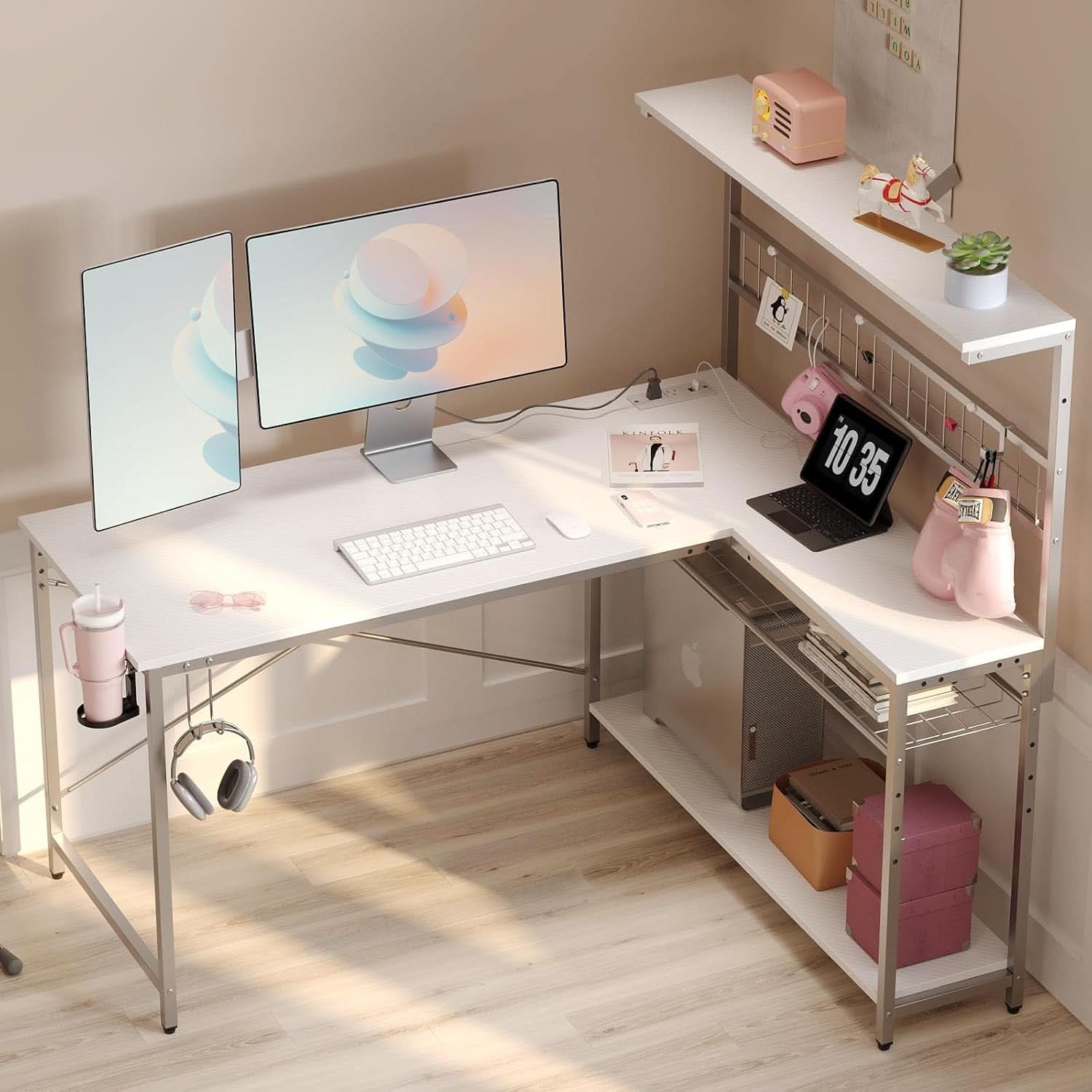 51 Inch L Shaped Gaming Desk With LED Lights And Outlets