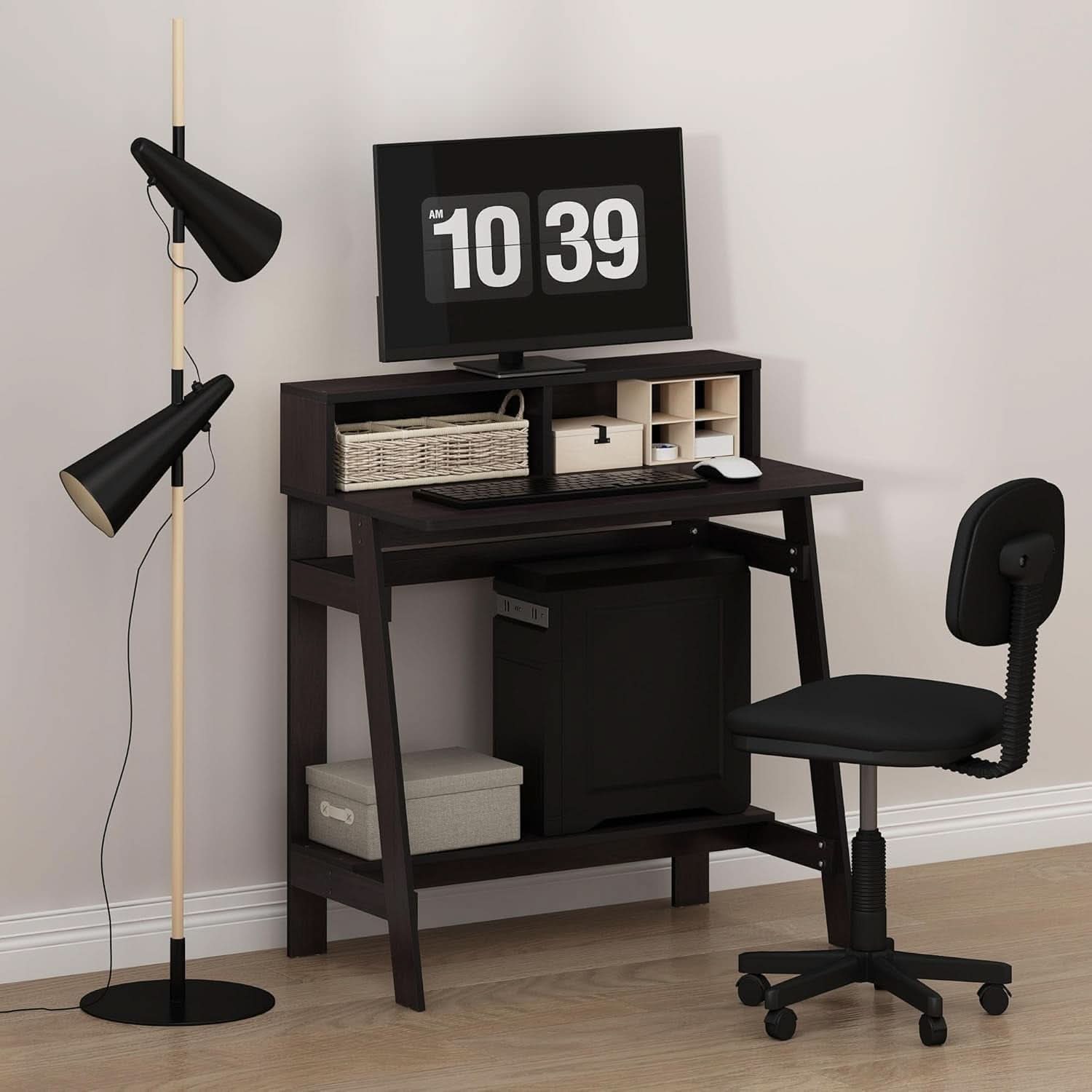 A Frame Computer Desk With Hutch In Dark Walnut Finish