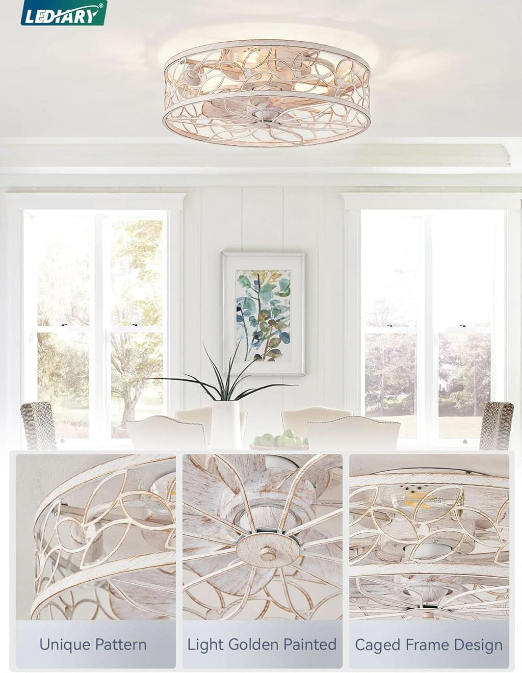 White And Gold Caged Ceiling Fan With Remote Light Fixture