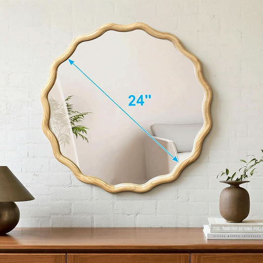 Round Wood Wall Mirror 24 Inch Shatterproof Glass Mounted