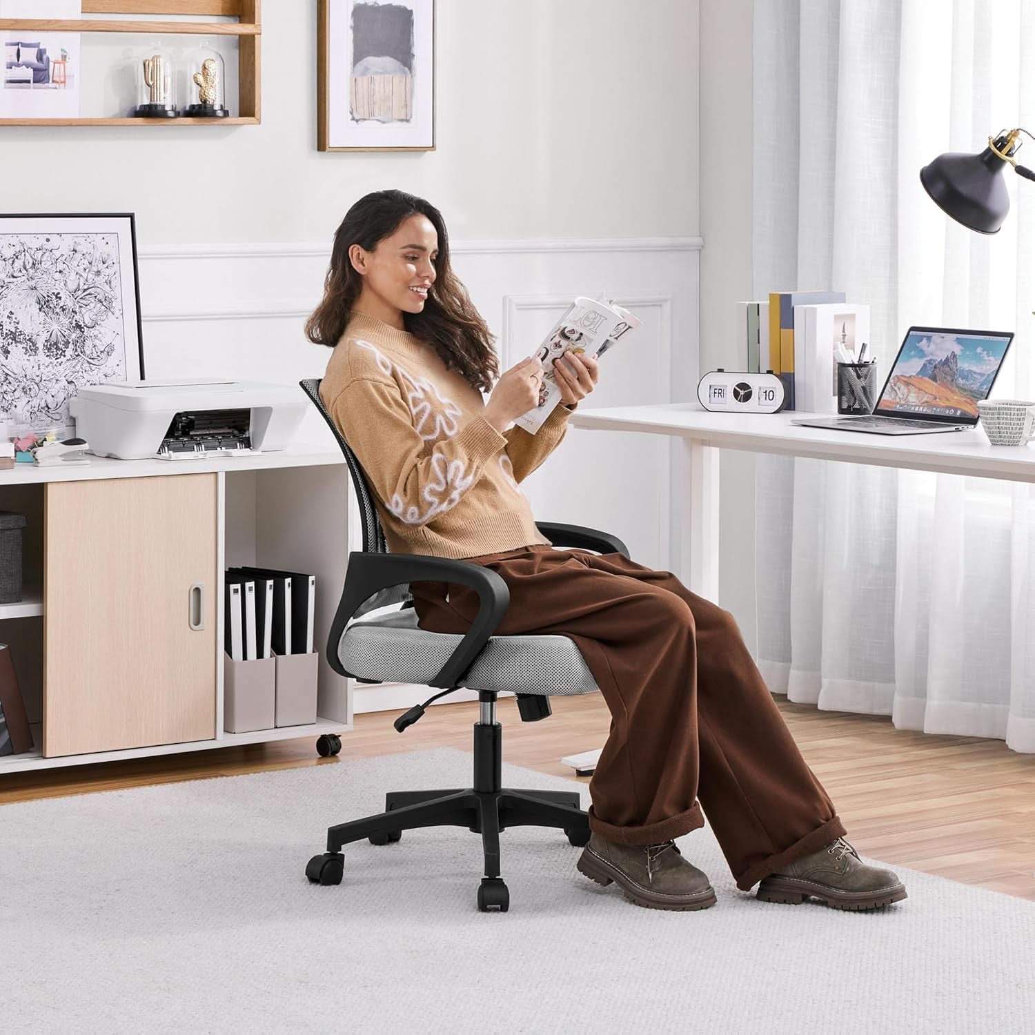 Two Pack Ergonomic Mesh Office Chairs With Lumbar Support And Adjustable Height Swivel Rolling Task Chairs Grey