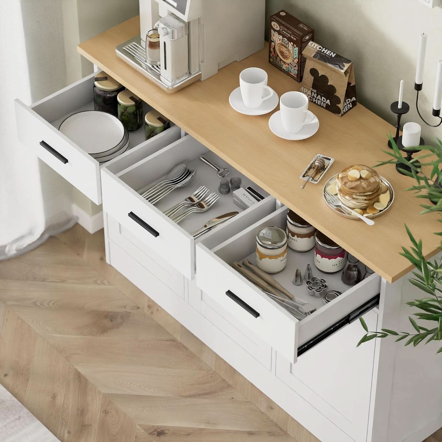 White Buffet Cabinet 47W Oak Top With 3 Doors And 3 Drawers