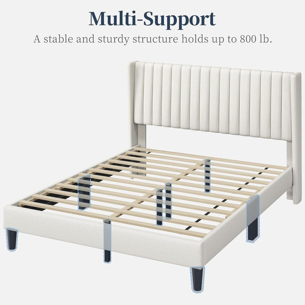 Queen Upholstered Platform Bed With Beige Headboard