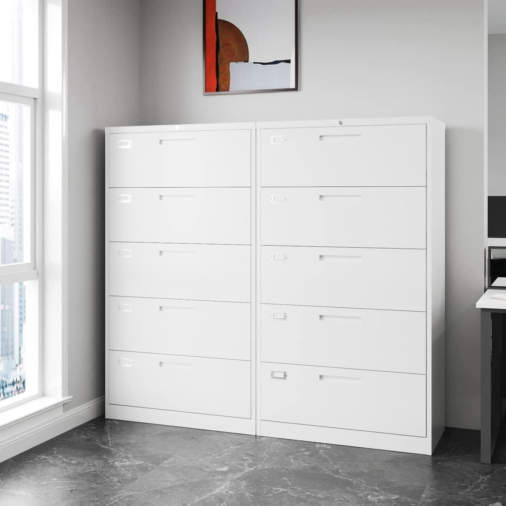 Lateral File Cabinet White 5 Drawer Lockable Office Storage