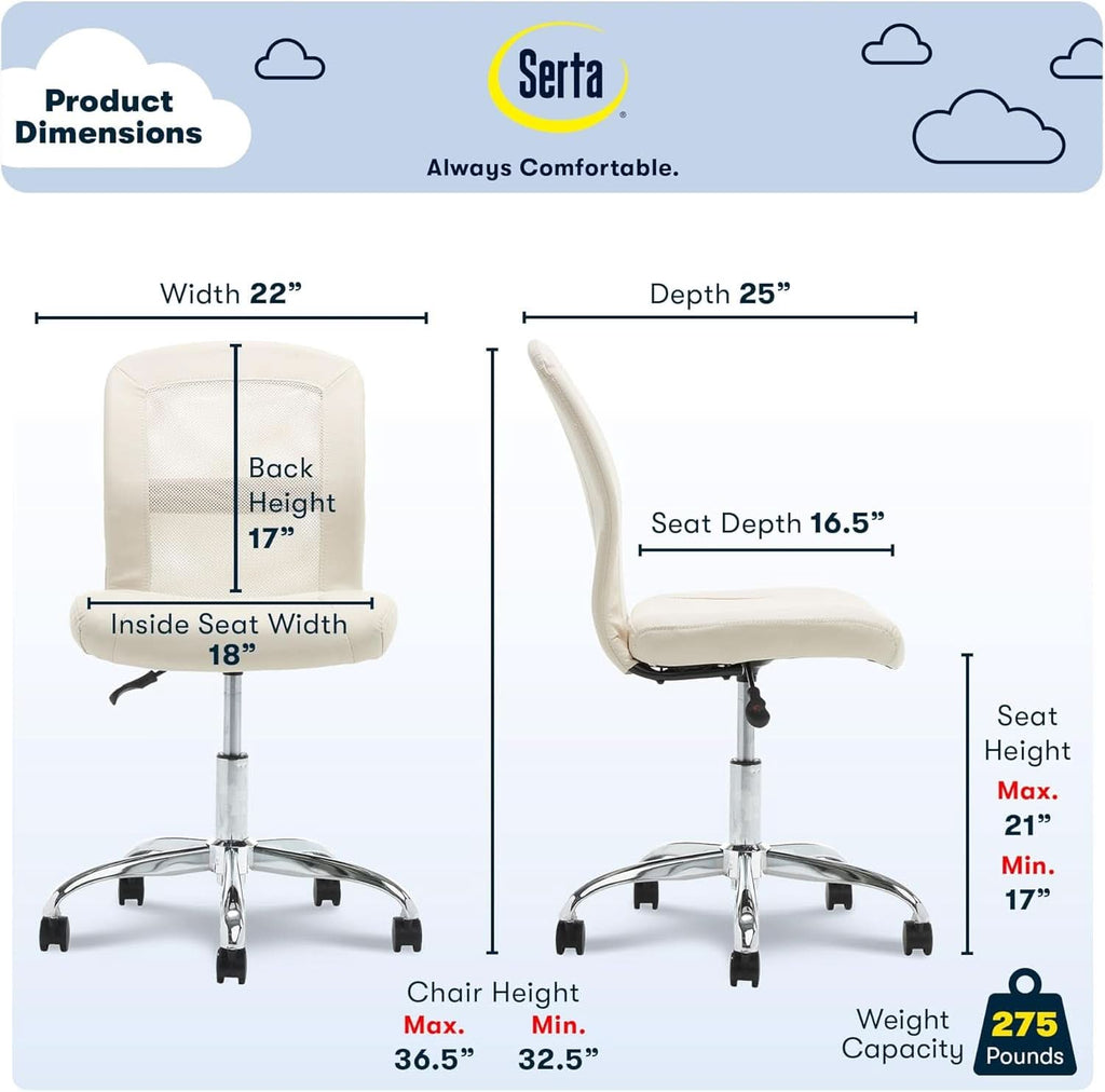 Armless Desk Chair With Mesh Back And Wheels Cream White