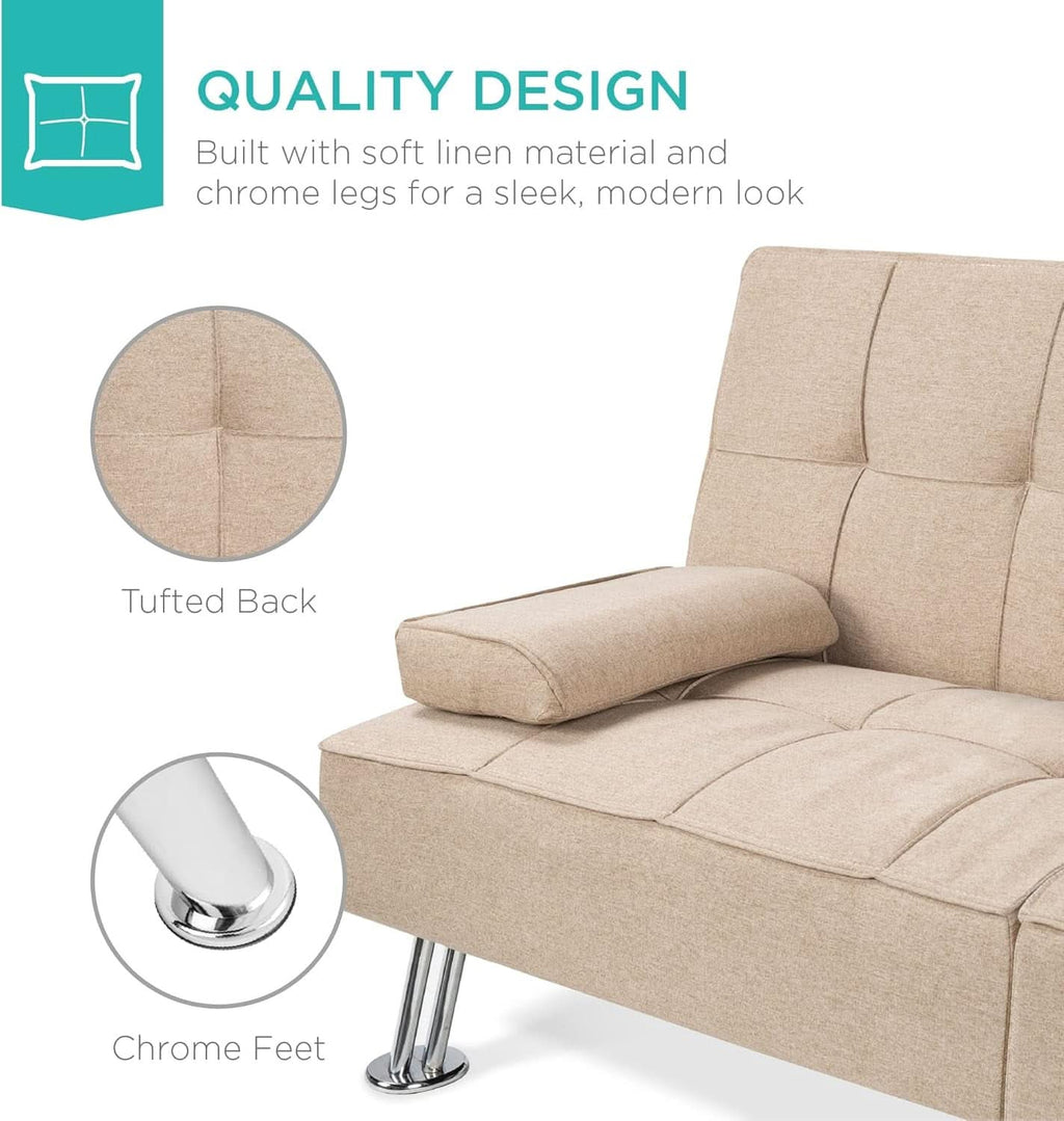 Beige Linen Folding Futon With Three Position Recline