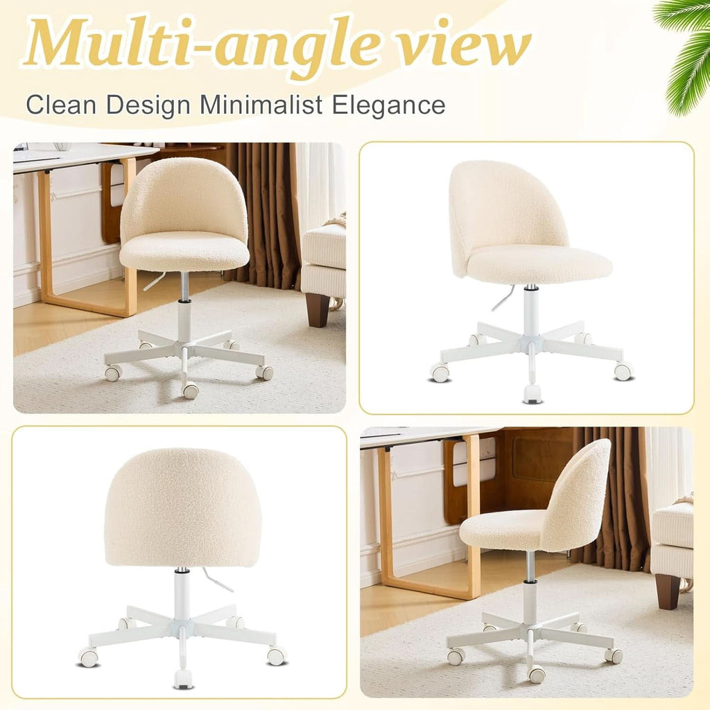 Armless Creamy Beige Teddy Fleece Office Desk Chair With Wheels