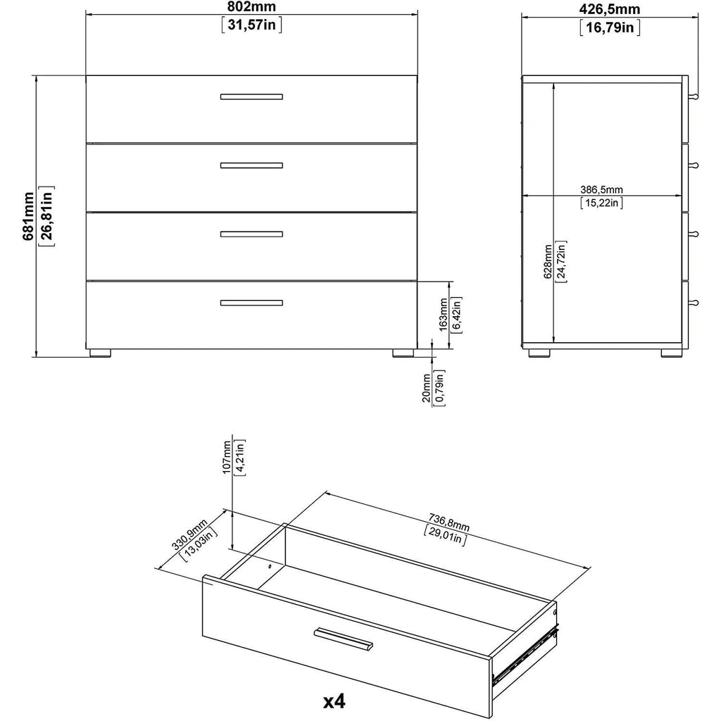 Oak Structure Four Drawer Chest With Silver Bar Handles