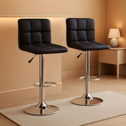 Set Of 2 Adjustable Swivel Bar Stools Black PU Leather