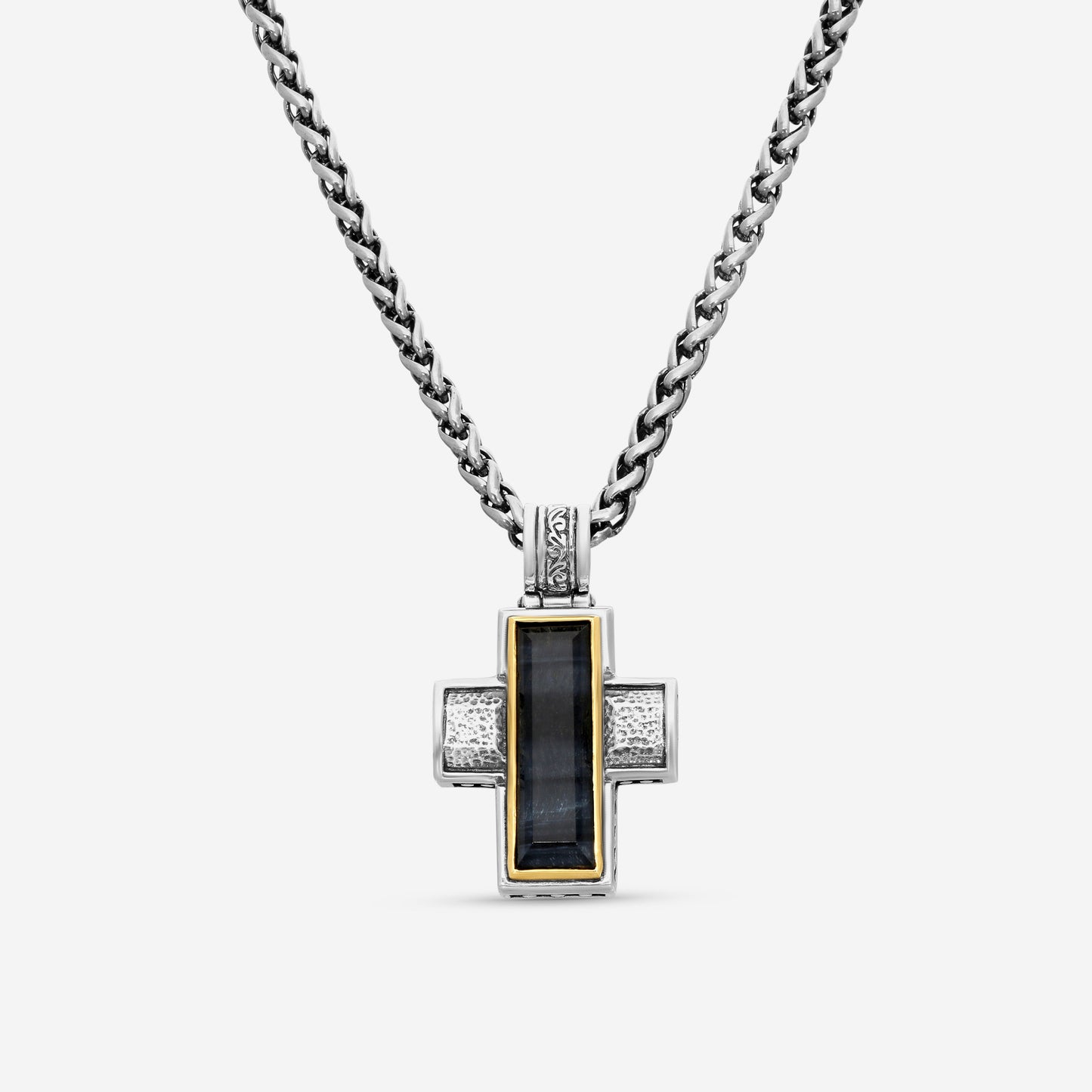 "KONSTANTINO - ""Hephaestus"" Sterling Silver & 18k Yellow Gold, Hawk's Eye Doublet Cross (HKE: 24x7mm) - STKJ375-408-CUT  Pendant Dimensions: 1.50 x 1.00 in. S/S Chain Included:CHKJ6-131-18 (Length - 18in.)"