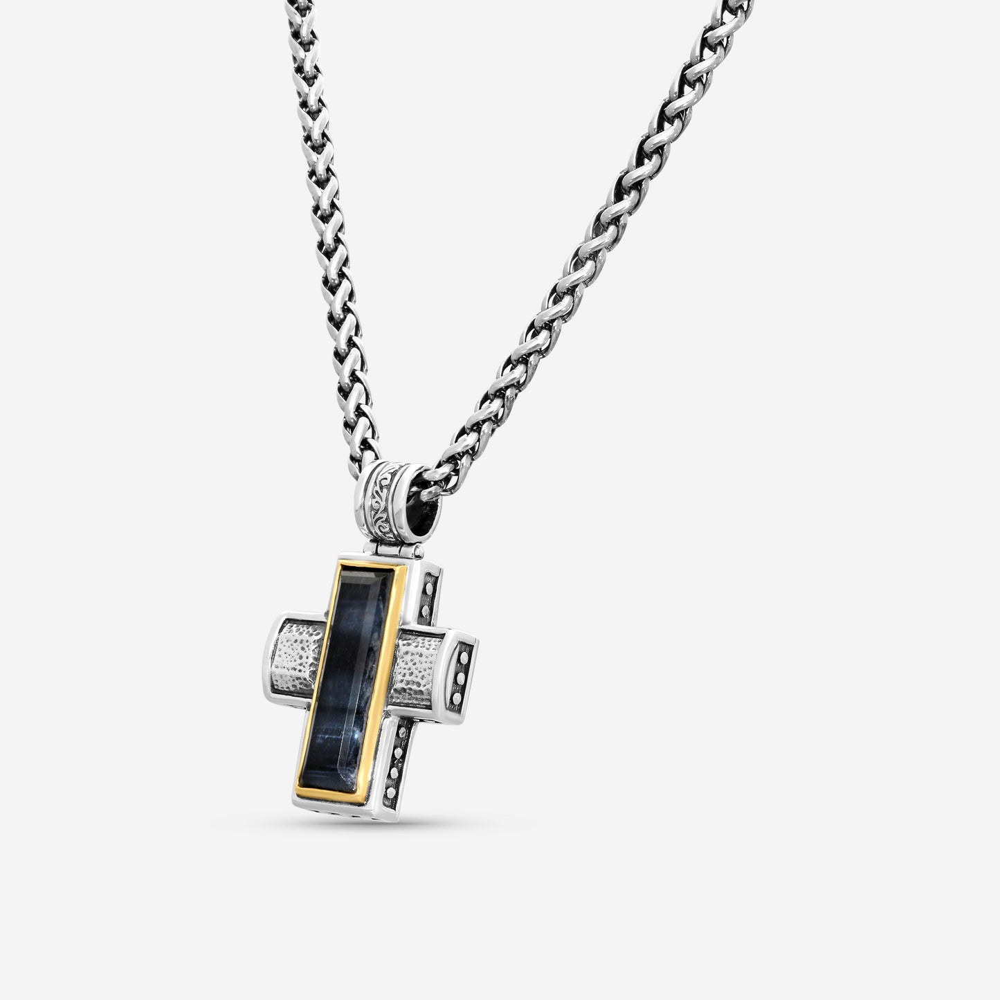 "KONSTANTINO - ""Hephaestus"" Sterling Silver & 18k Yellow Gold, Hawk's Eye Doublet Cross (HKE: 24x7mm) - STKJ375-408-CUT  Pendant Dimensions: 1.50 x 1.00 in. S/S Chain Included:CHKJ6-131-18 (Length - 18in.)"
