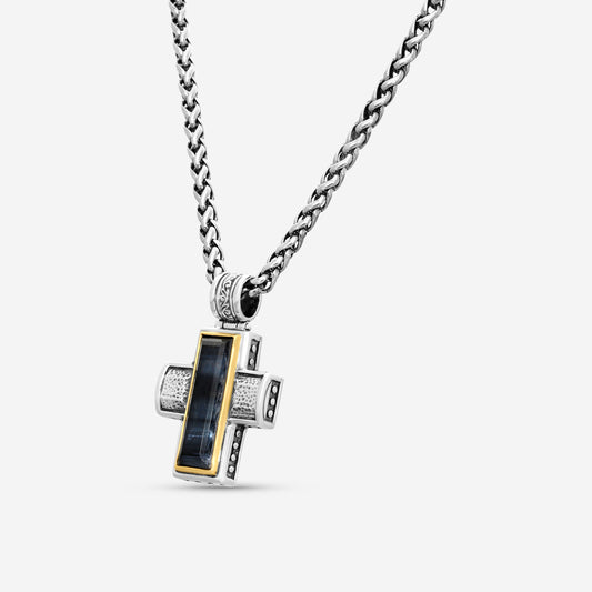 "KONSTANTINO - ""Hephaestus"" Sterling Silver & 18k Yellow Gold, Hawk's Eye Doublet Cross (HKE: 24x7mm) - STKJ375-408-CUT  Pendant Dimensions: 1.50 x 1.00 in. S/S Chain Included:CHKJ6-131-18 (Length - 18in.)"