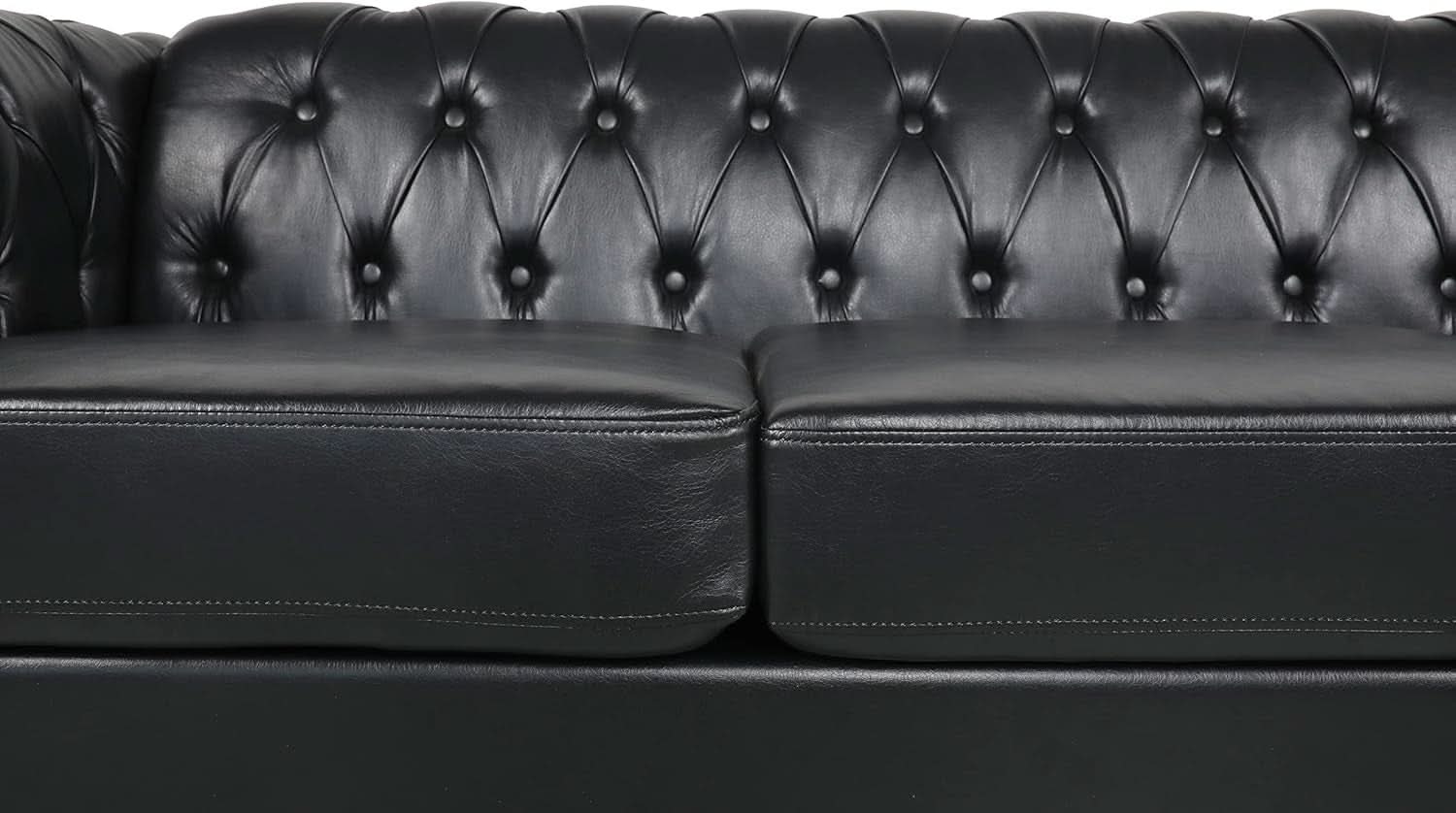 3 Seater PU Chesterfield Sofa Black Tufted Nailhead Trim