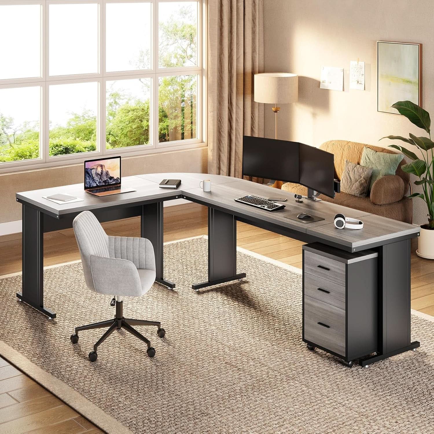 83in Gray Farmhouse L Shaped Desk With Mobile File Cabinet