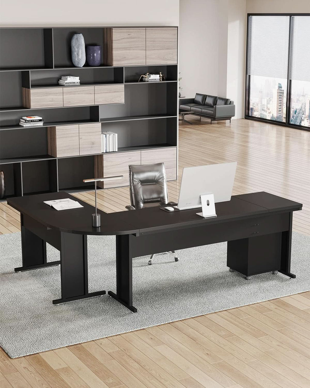 83 Inch L Shaped Desk With 3 Drawer File Cabinet Office