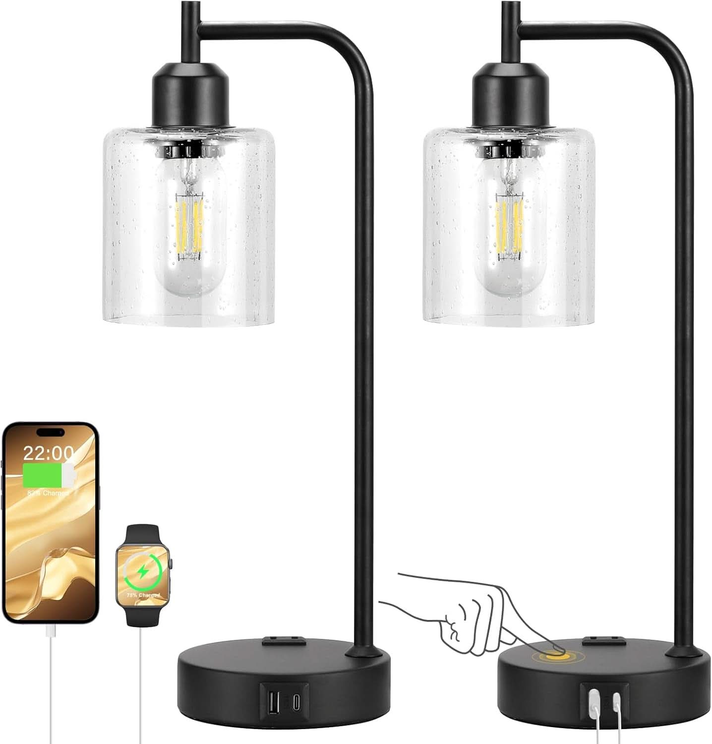 Industrial Touch Table Lamps 2 Pack Black 3 Way Dimming
