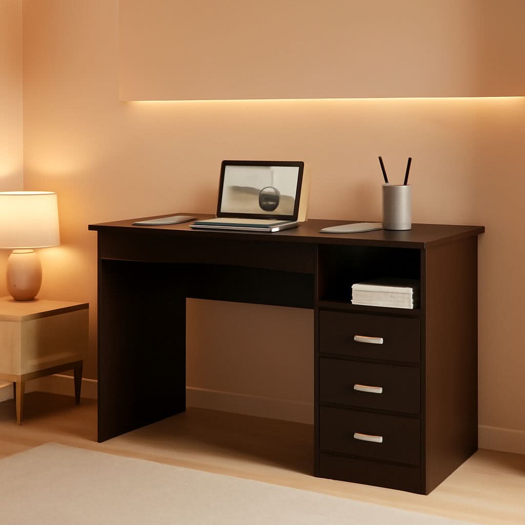 Wenge Computer Desk With 3 Drawers And Side Storage Shelf