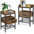 Industrial Three Tier Nightstand Set With Wood Grain Finish