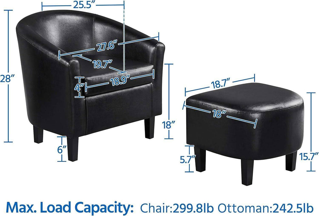 Modern Black Faux Leather Accent Chair With Ottoman Set