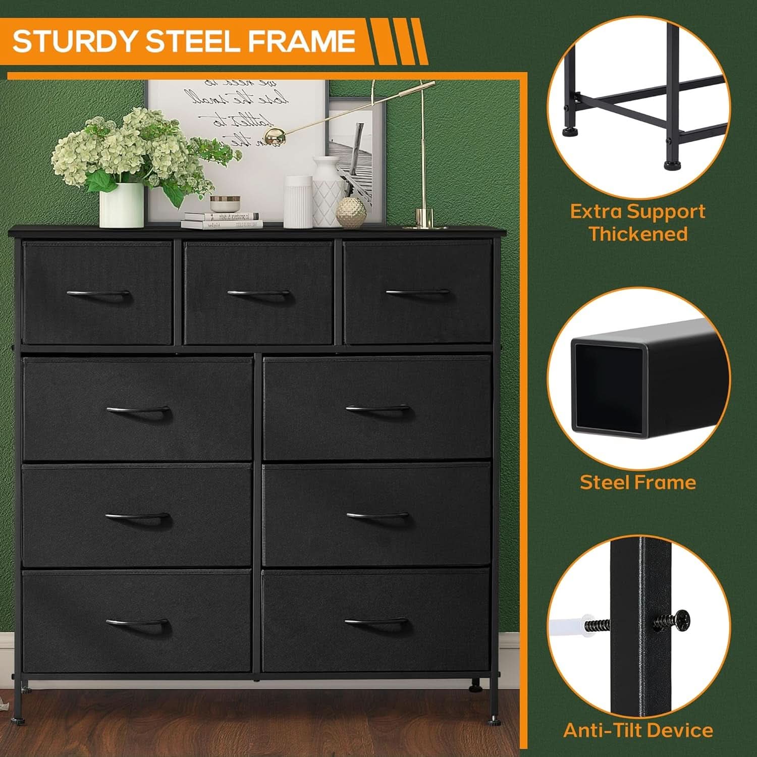 Nine Drawer Fabric Dresser With Wood Top And Anti Tip Safety