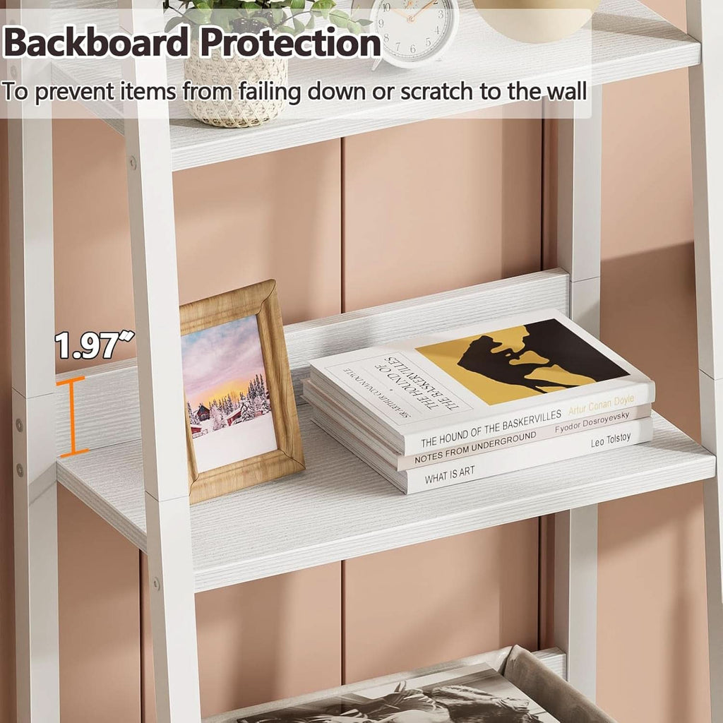 5 Tier White Ladder Shelf With Removable Fabric Drawer
