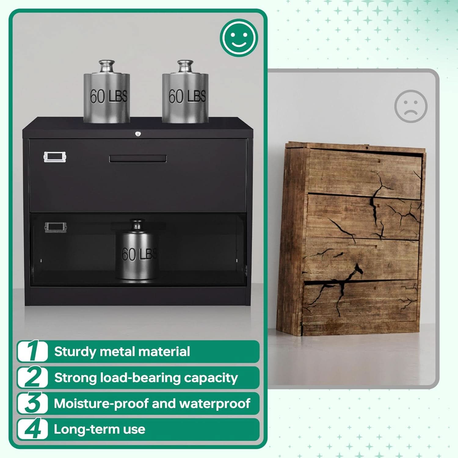 Metal Lateral File Cabinet With Lock 2 Drawer Black Steel