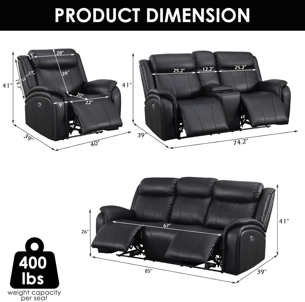 Power Recliner Sofa Set 3 Piece With Storage Black