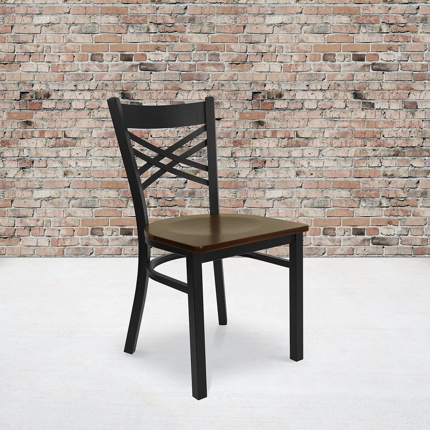 2 Pack Hercules Series Black X Back Metal Restaurant Chairs With Mahogany Wood Seats