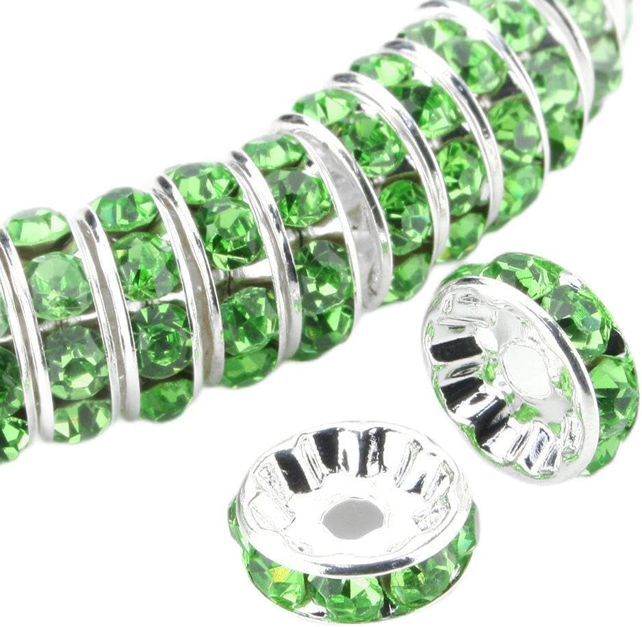 100Pcs Rondelle Spacer Beads 8Mm Silver Plated Czech Crystal Rhinestone for Jewelry Making Loose Beads for Bracelets (Green)