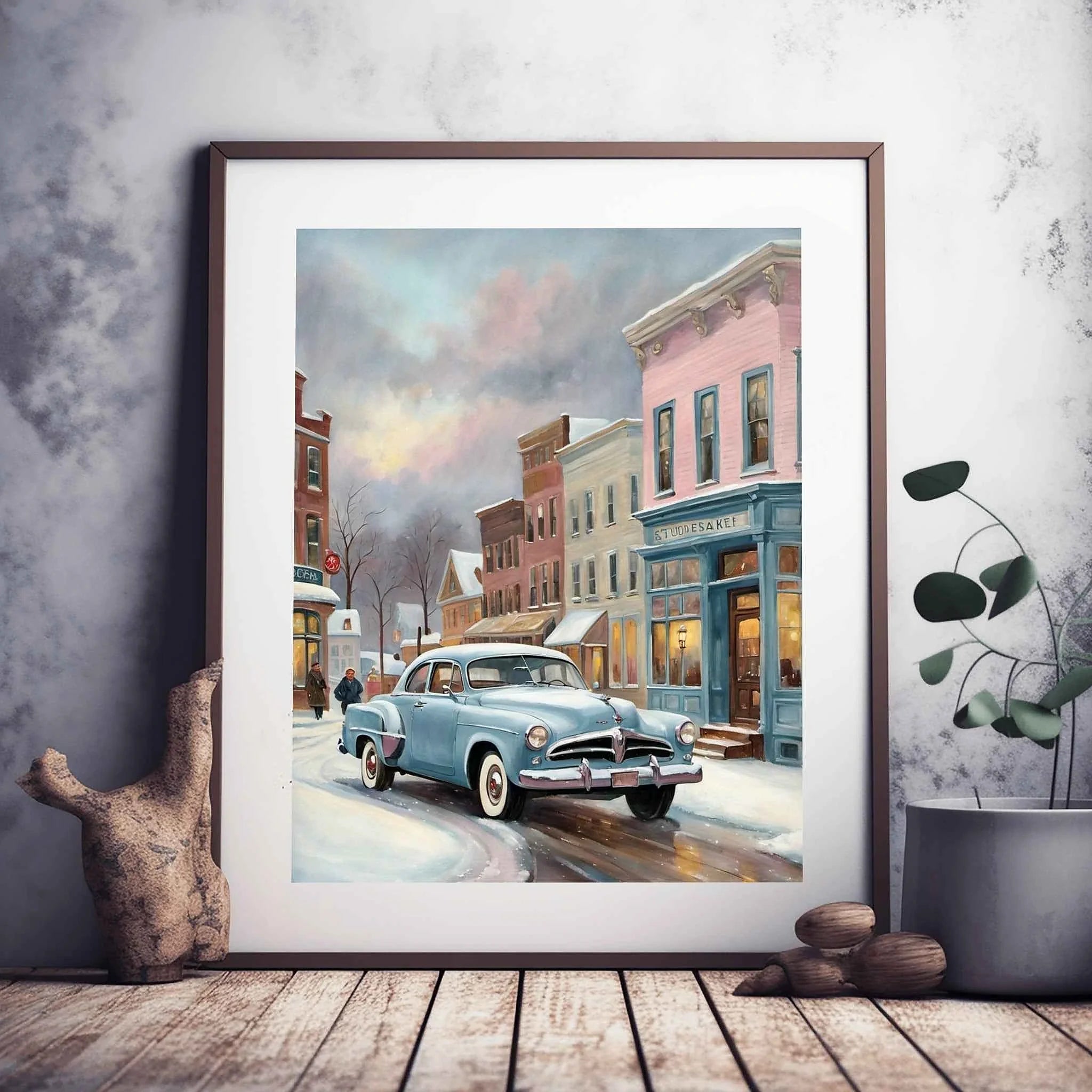 1953 Starlight Coupe "Winter Main Street" Print | Nostalgic Snowy Town Decor