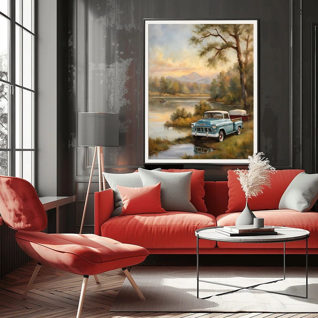 1955 Cameo Carrier Lakeside Retreat Wall Art | Vintage Mountain Lake Print