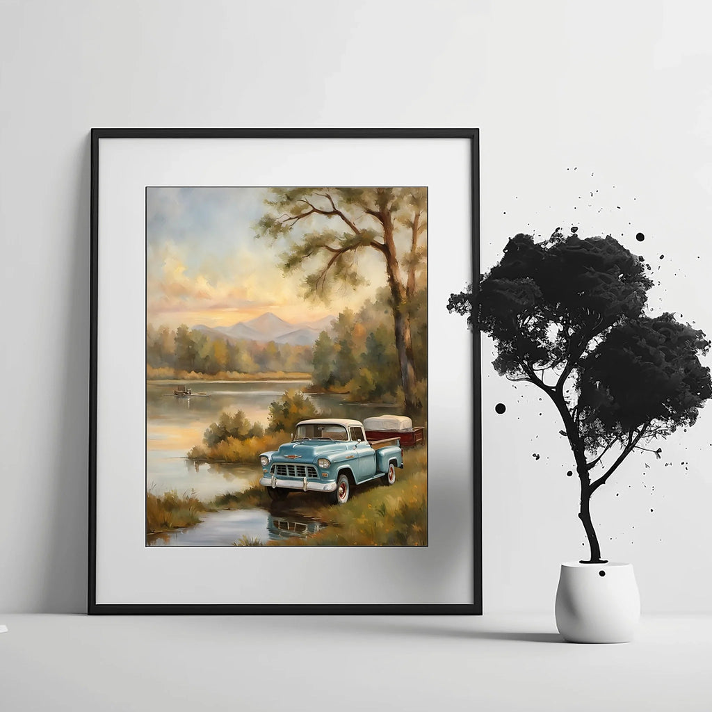 1955 Cameo Carrier Lakeside Retreat Wall Art | Vintage Mountain Lake Print