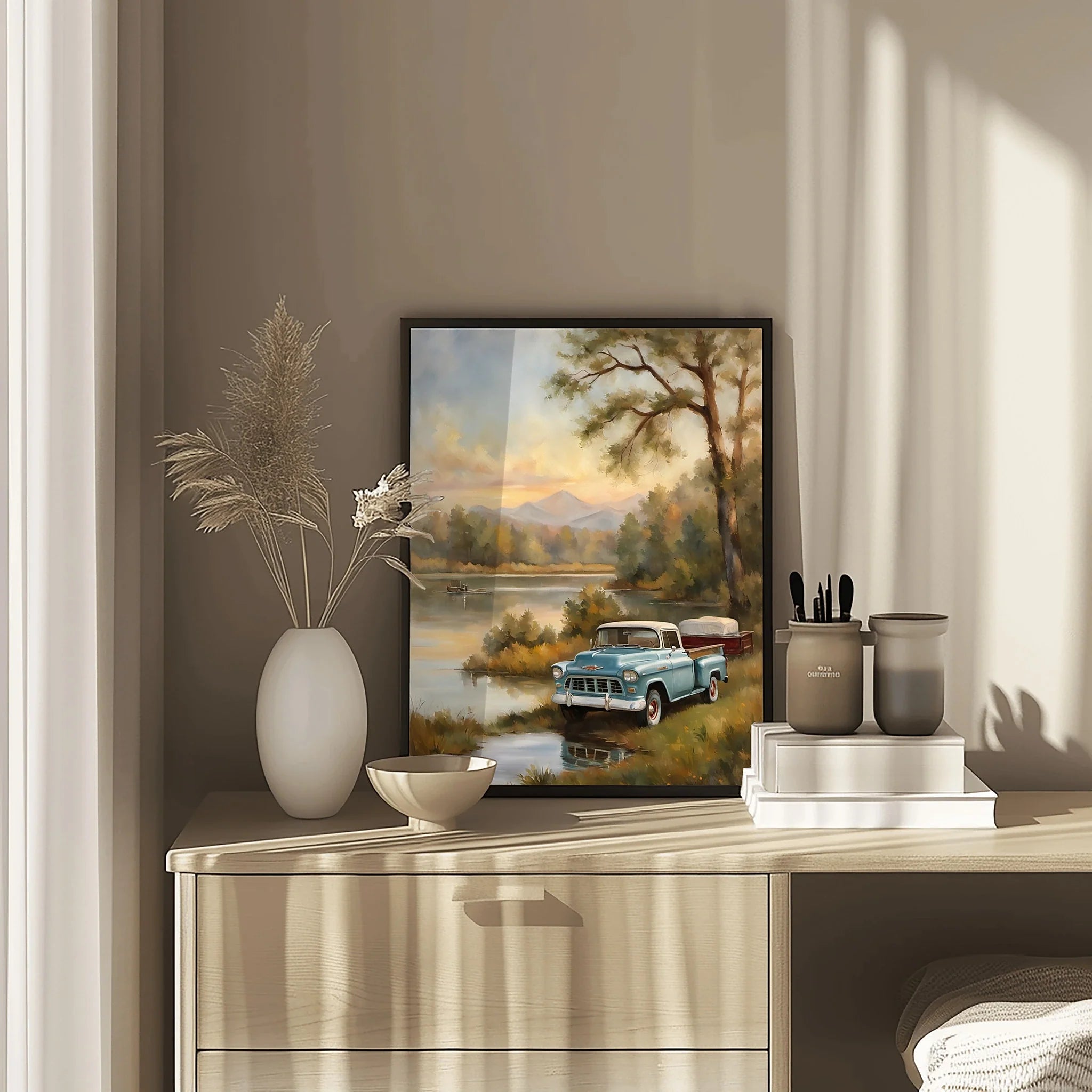 1955 Cameo Carrier Lakeside Retreat Wall Art | Vintage Mountain Lake Print