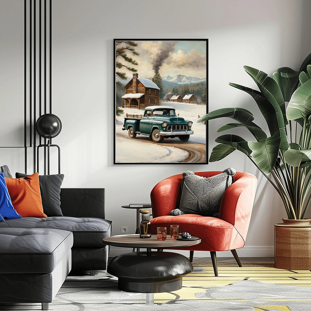1955 Cameo Carrier Winter Cabin Wall Art | Nostalgic Snowy Pickup Print