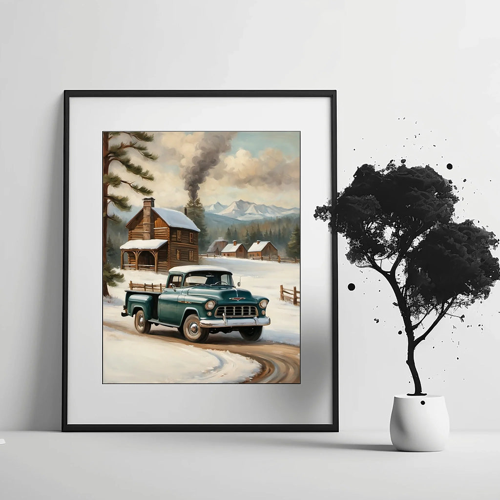 1955 Cameo Carrier Winter Cabin Wall Art | Nostalgic Snowy Pickup Print