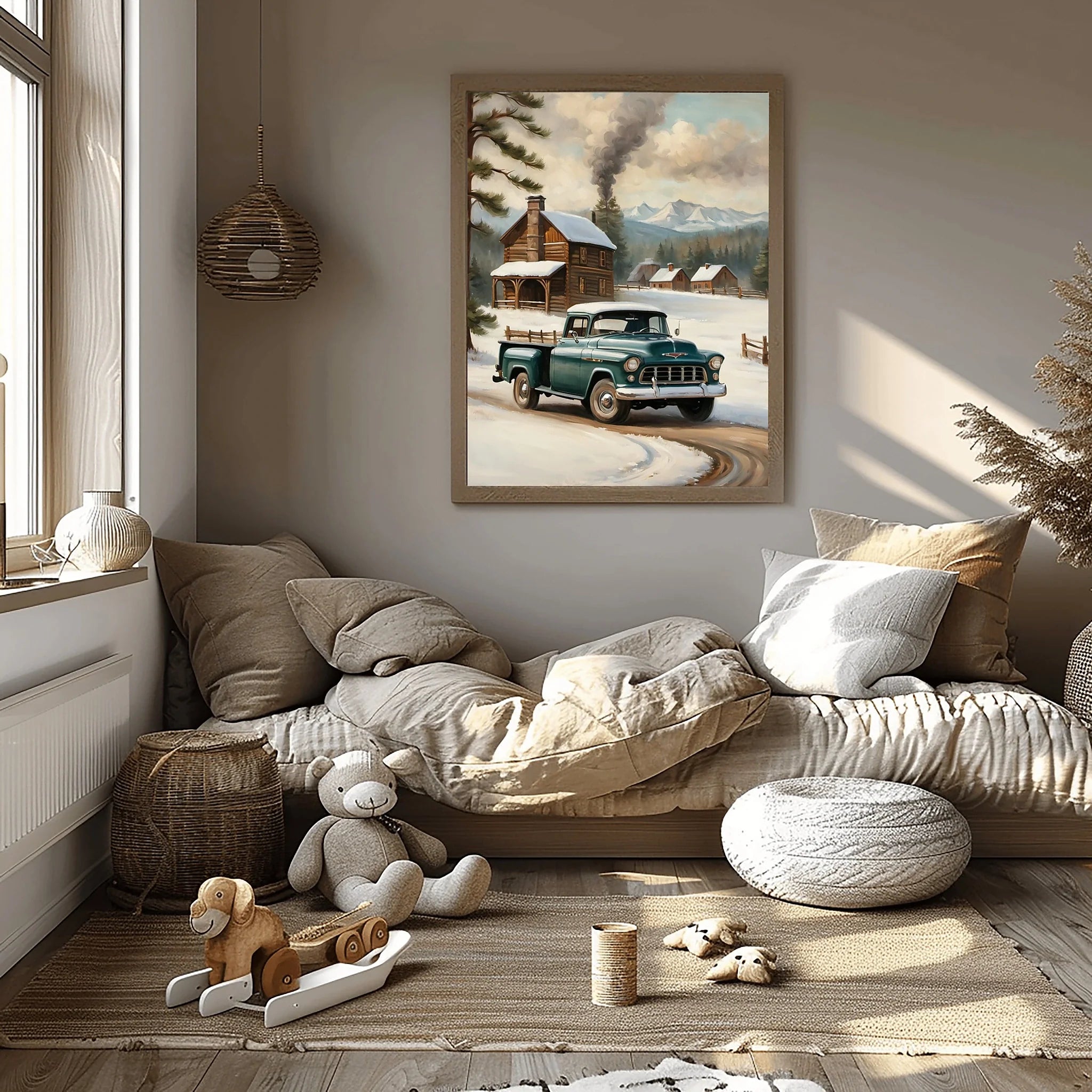 1955 Cameo Carrier Winter Cabin Wall Art | Nostalgic Snowy Pickup Print